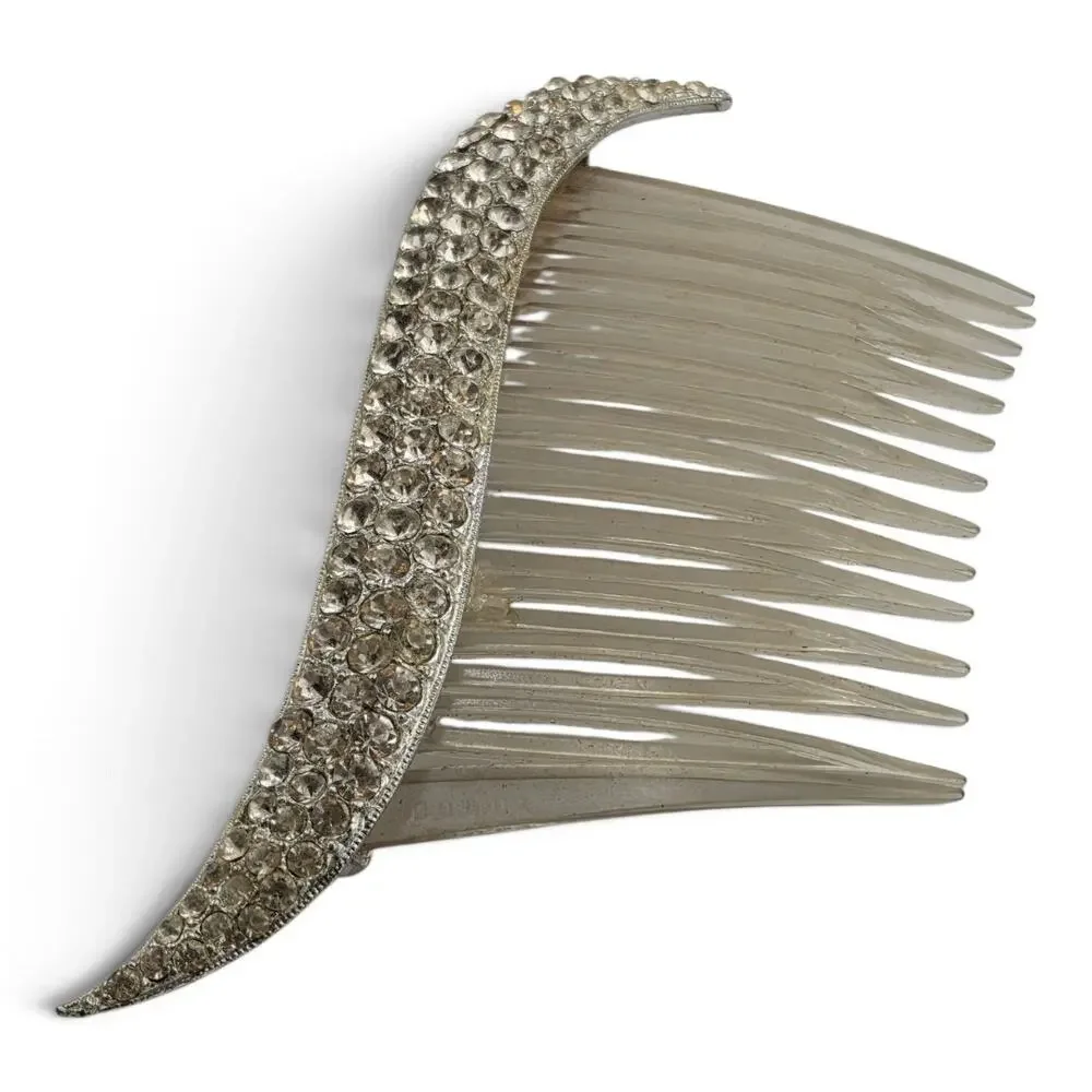 Vintage Rhinestone Hair Comb Clear Crystal Silver Tone Bridal Formal Hairpiece